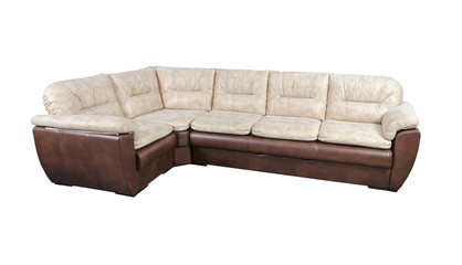 Beige fabric and brown leather sofa isolated on white with clipping path