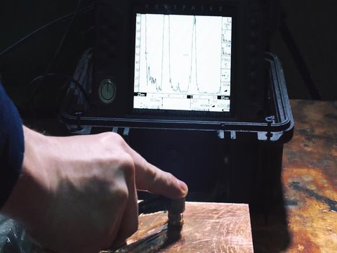 02.17.2019 Russia, Krasnoyarsk. ultrasonic metal defectoscopy Check the quality of welding bimetallic billet