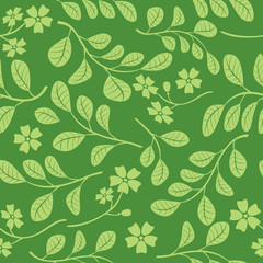 green leaves with flowers on dark green background - seamless pattern