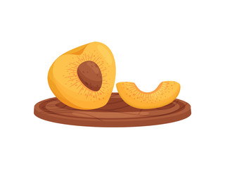 Peach on wooden cutting board on white background.