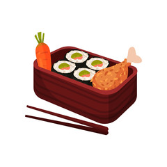 Japanese food in traditional box with chopsticks.