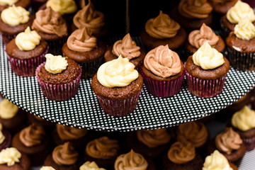 Colorful cupcakes with icing on decoration table.