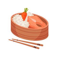 Fish and rice with chopsticks on white background.