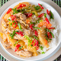 Chicken and apple curry with rice in a bowl and chopsticks, close-up - Asian cuisine.