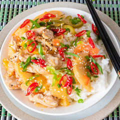 Curry chicken and apples with rice in a bowl and chopsticks, top view - Asian cuisine.