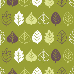 Seamless leaves pattern. Green background. Vector illustration.