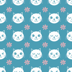 Seamless cat pattern. Blue background. Vector illustration.