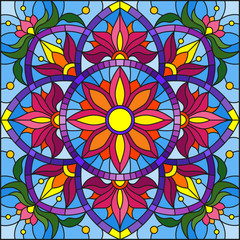 Illustration in stained glass style with abstract floral ornaments, flowers, leaves and curls on blue background, square image
