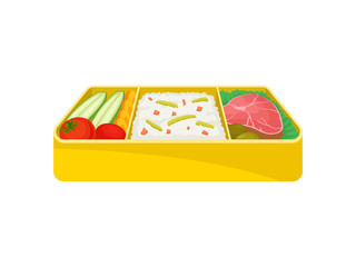 Japanese food in yellow lunchbox on white background.