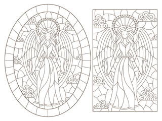 A set of contour illustrations of stained glass Windows with angels on a cloudy sky background, dark contours on a white background
