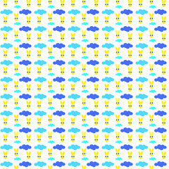 Yellow rabbit and blue clouds on a white background, seamless pattern, vector