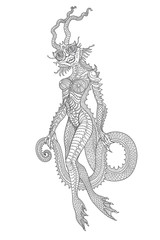 Fototapeta na wymiar Vector black and white contour drawing of fantasy reptile woman. Underwater sea amphibian. Linear sketch, tee shirt print, book cover, mystical image, occult symbol, esoteric illustration 