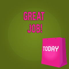 Handwriting text Great Job. Conceptual photo used praising someone for something they have done very well Color Gift Bag with Punched Hole but Without Handle on Twotone Blank Space