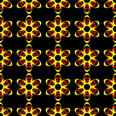 Skulls in the form of a flower on a black background, seamless pattern, vector