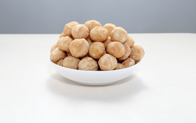 Snack nut food in a white bowl