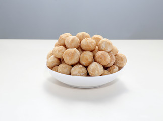 Snack nut food in a white bowl