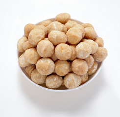 Snack nut food in a white bowl