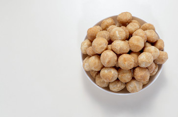 Snack nut food in a white bowl