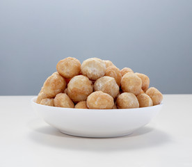 Snack nut food in a white bowl