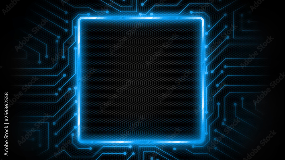 Poster 3D Rendering of rectangle frame glowing in blue color on computer circuit background. For use as product show case, high technology item, digital abstraction, binary data concept.
