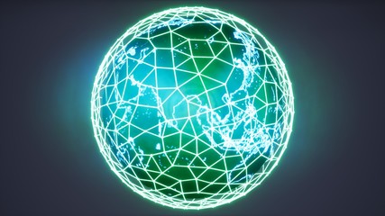 発光する緑の網に捕われた青黒い地球