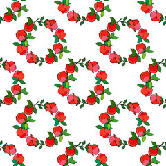 Seamless pattern with pink decorative roses with black stroke on white background. Summer garden. Can be used for wallpaper, textile, invitation card, wrapping, web page background.