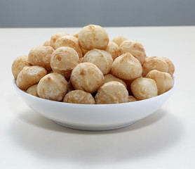 Snack nut food in a white bowl