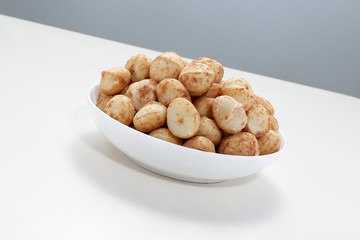 Snack nut food in a white bowl