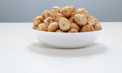 Snack nut food in a white bowl
