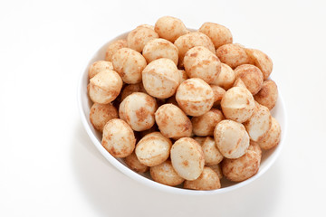 Snack nut food in a white bowl