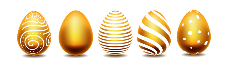 Golden Easter eggs with pattern set isolated on white background. Vector illustration. Good as Pascha logotype, badge and icon. Resurrection Sunday postcard, card, invitation, poster, banner template.