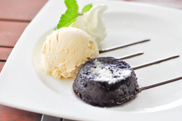 chocolate cake or chocolate lava cake with ice cream