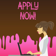 Conceptual hand writing showing Apply Now. Concept meaning request something officially in writing or by sending in form Strip Size Lined Paper Sheet Hanging Using Blue Clothespin