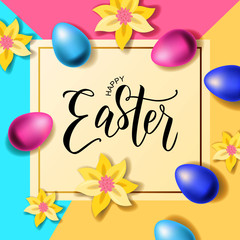 Happy Easter hand lettering with realistic looking egg. Vector typography. Quote as Pascha logotype, badge and icon. Resurrection Sunday postcard, card, invitation, poster, banner template.
