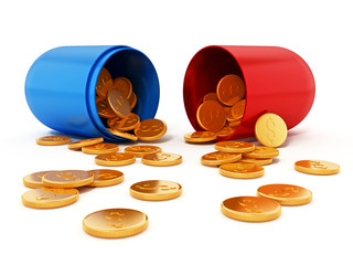 Gold coins inside open red and blue pill. 3D illustration