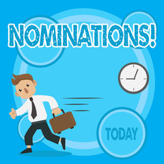 Word writing text Nominations. Business photo showcasing Suggestions of someone or something for a job position or prize Man in Tie Carrying Briefcase Walking in a Hurry Past the Analog Wall Clock