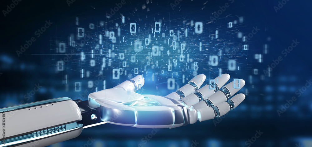 Poster cyborg hand holding a data binary cloud 3d rendering