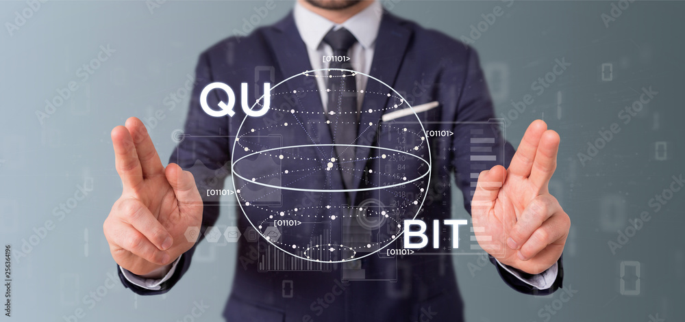 Poster businessman holding quantum computing concept with qubit icon 3d rendering