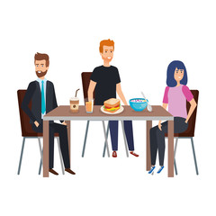 young people eating in table characters