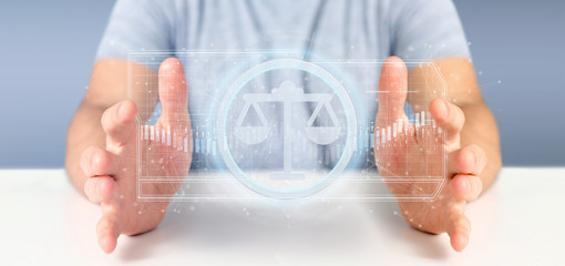 Man holding a Technology justice icon on a circle 3d rendering