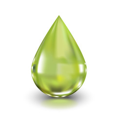 Olive oil splash drop realistic 3D illustration in vector for packaging design and advertising. Natural useful product.