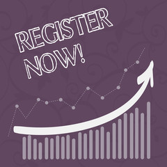 Word writing text Register Now. Business photo showcasing official list or record showing or things into web or forum Combination of Colorful Column and Line Graphic Chart with Arrow Going Up