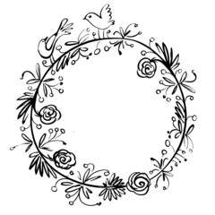Frame of branches and flowers, circle, easy sketch