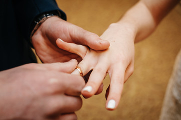 the groom puts the ring on the bride's finger
