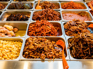 Assorted of traditional Korean fermented food on the counter in Gwangjang Market. Seoul, South Korea.