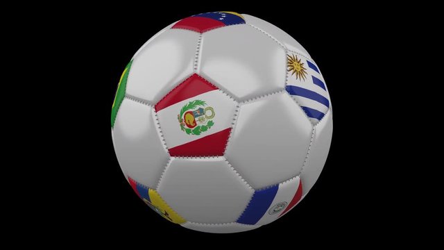 Soccer Ball with America's Cup 2019 flags - CONMEBOL Copa America 2019 in Brazil, rotates on transparent background, 3d rendering, prores footage with alpha channel, loop