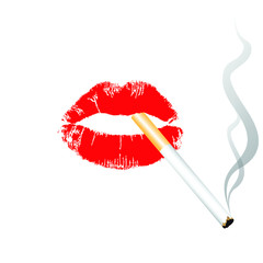 Imprint of  lips that wearing makeup lipstick and a cigarette