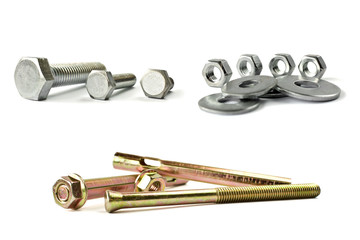 Closeup of bolts, nuts, shims, anchors, isolated on white. Self Drilling screws. Isolated...