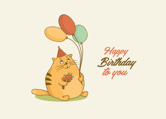 Cute fat cat in a party cap and balloon. Big cat with a bouquet of flowers. Happy birthday
