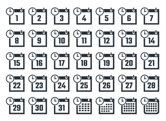 calendar icons with dates from 1 to 31, vector illustration